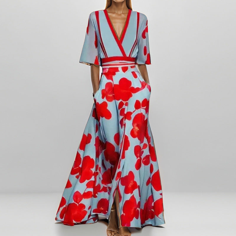 GR | Elegant V-neck printed waist dress with peplum