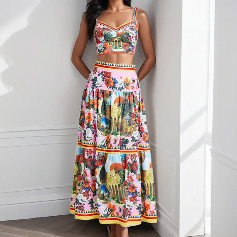 Women's two-piece summer outfit with floral bustier and swing skirt, size [size]