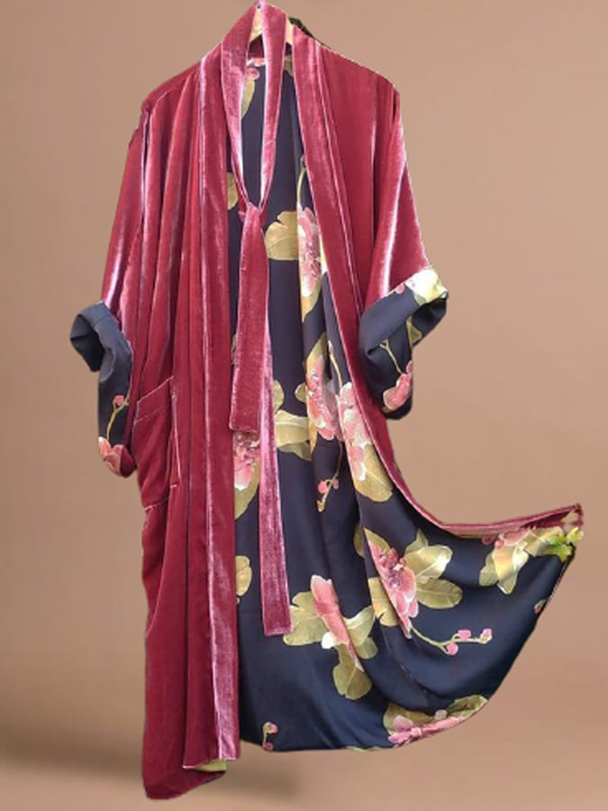GR | Satin Digital Floral Taille Gürtel Cardigan Schlafanzug