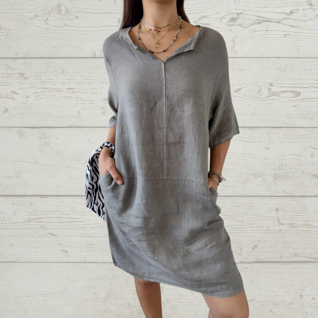 Damen Leichtes Leinenkleid mit vorderem Knopfdetail und seitlichen Taschen GR