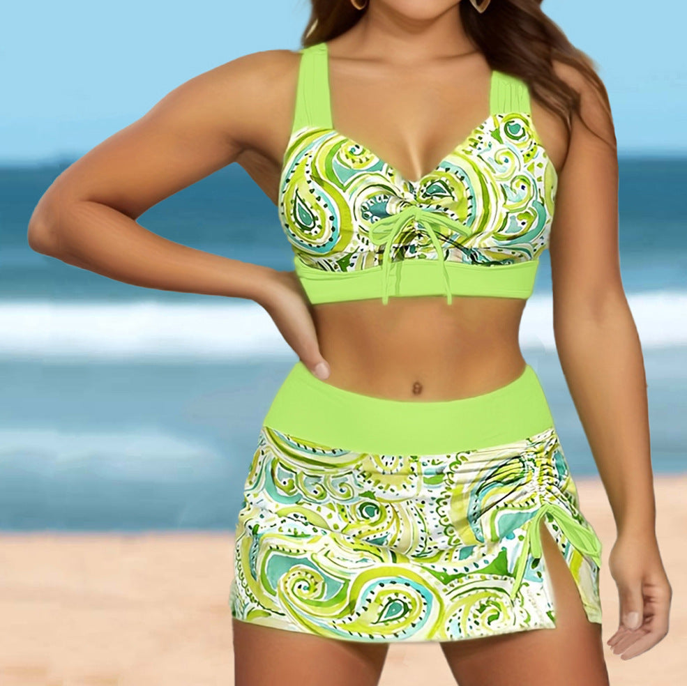 Women's swimsuit set with fashionable top and elegant skirt detail, size S