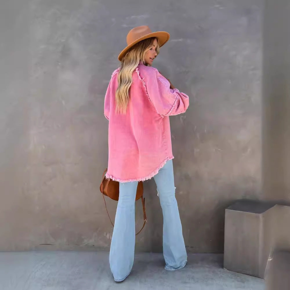 Women's casual overshirt jacket in lightweight denim with fringed details, size S