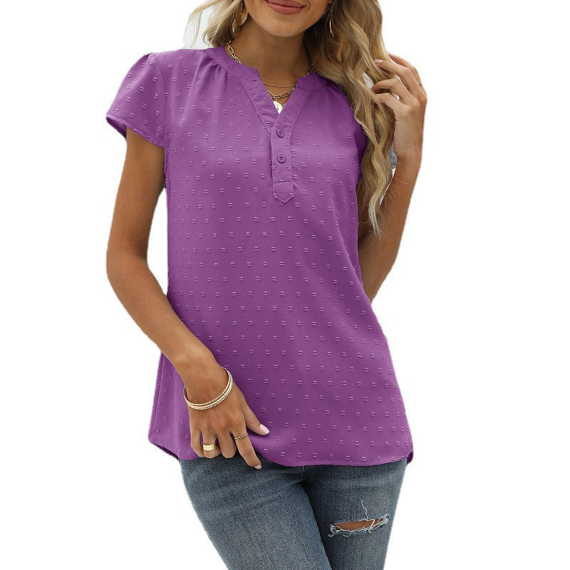 GR | Jacquard Chiffon Loose V-Neck Short Sleeve Top
