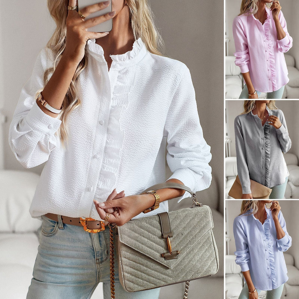 Damen Bluse mit Rüschendetails und Stehkragen GR