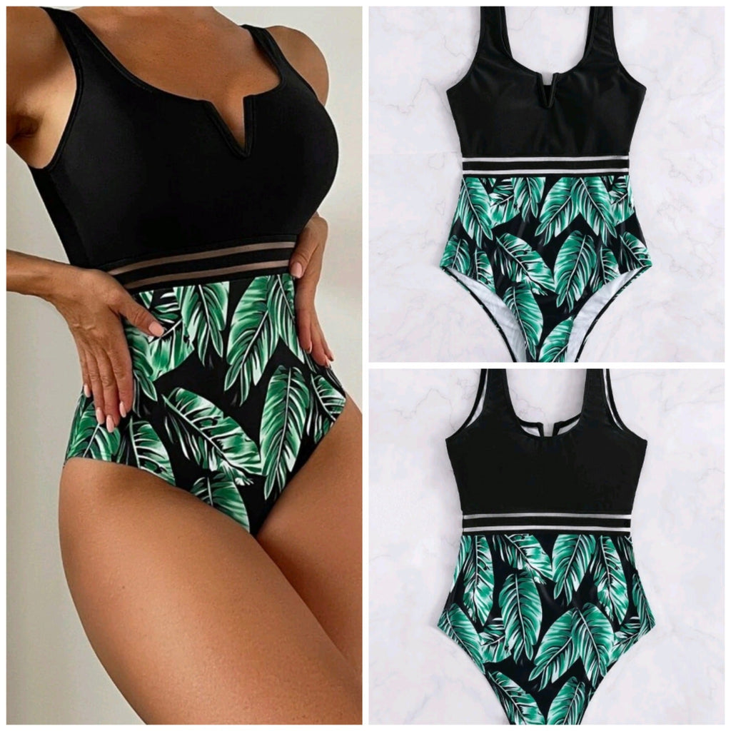 Women's high-waisted swimsuit with V-neck and modern leaf pattern, size
