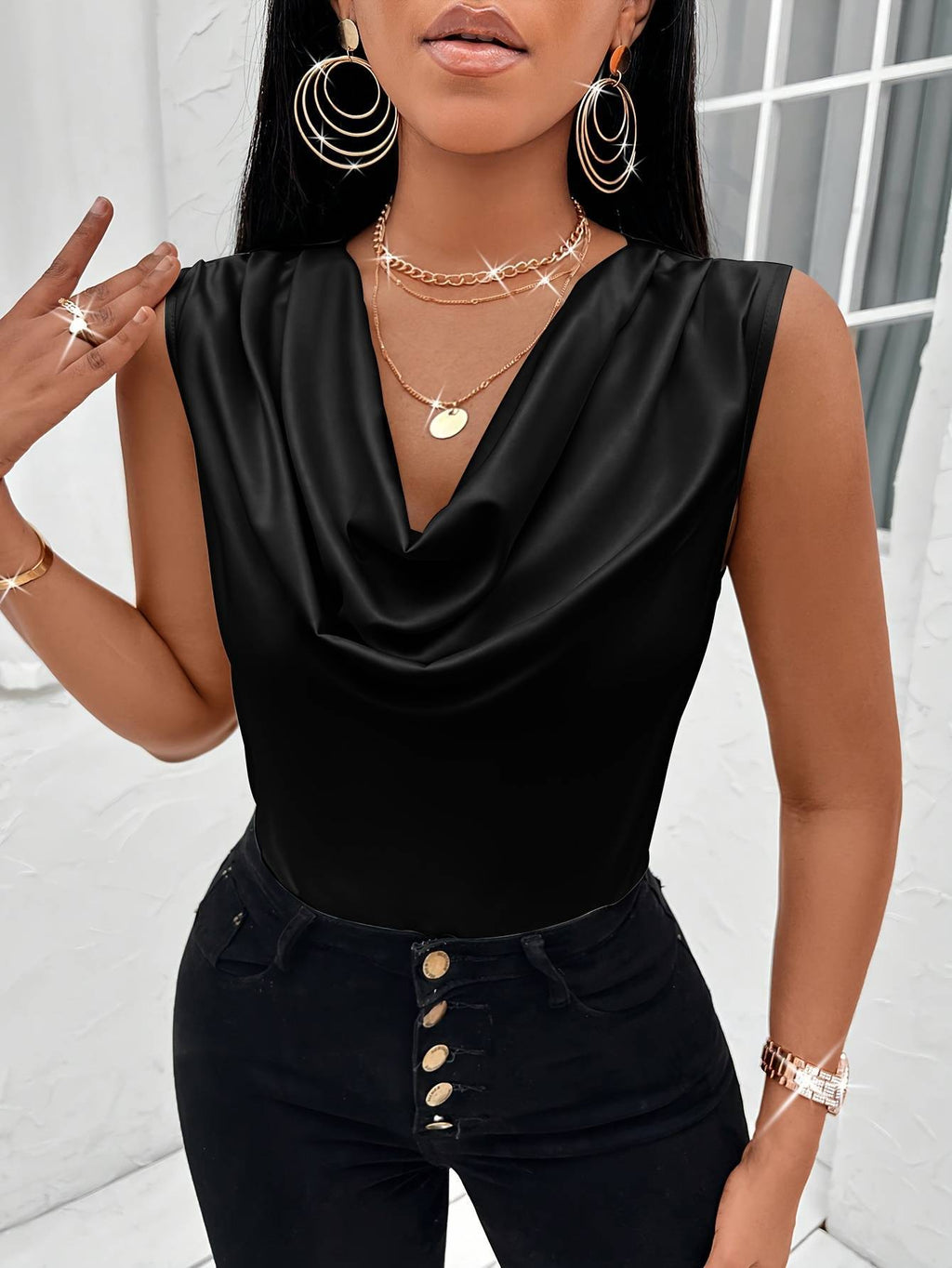 Women's elegant top with flowing neckline, size