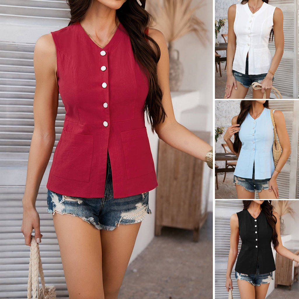 Women's sleeveless top with button placket and decorative pockets, size