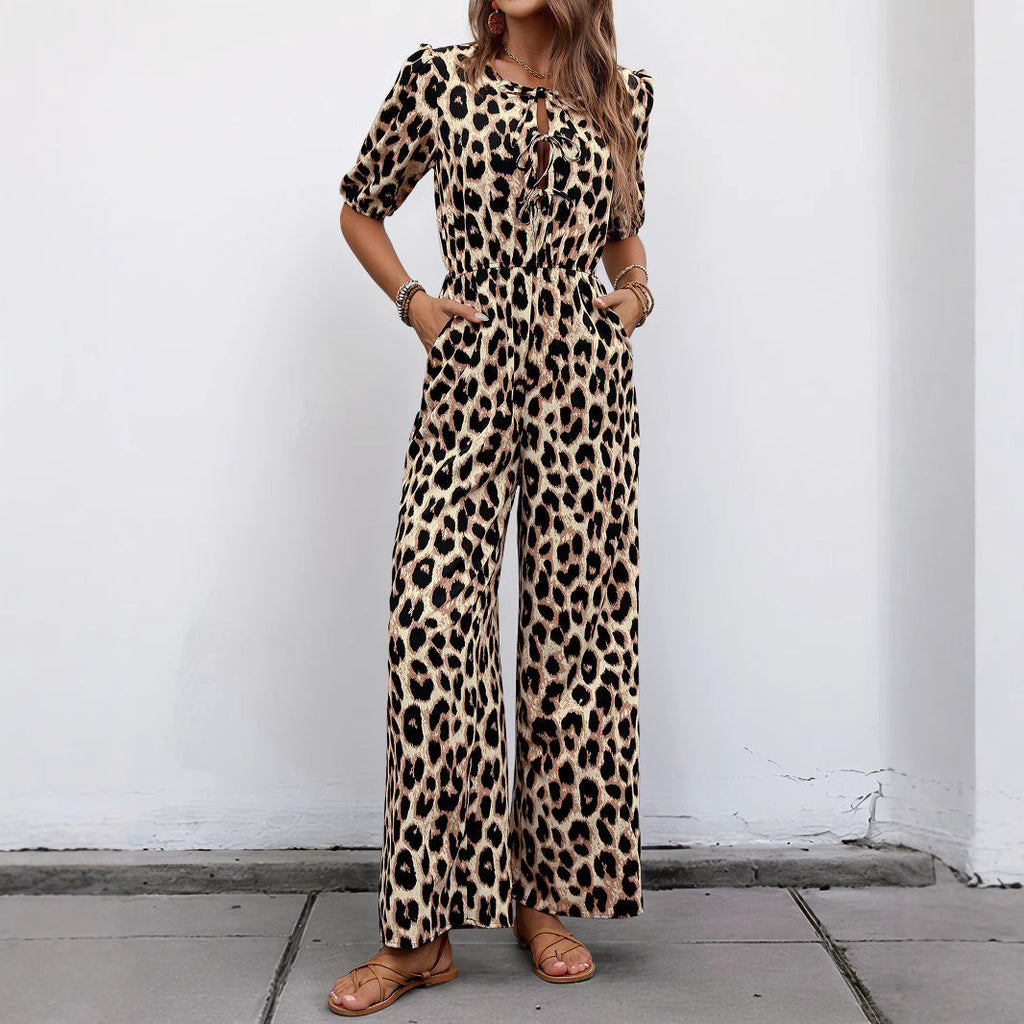 Women's jumpsuit with elegant wrap neckline and fashionable leopard print, size