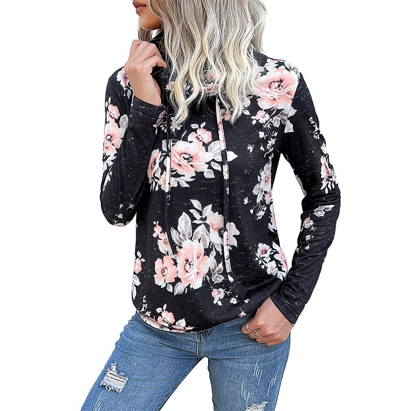 Women's blouse with floral design and modern hoodie neckline, size