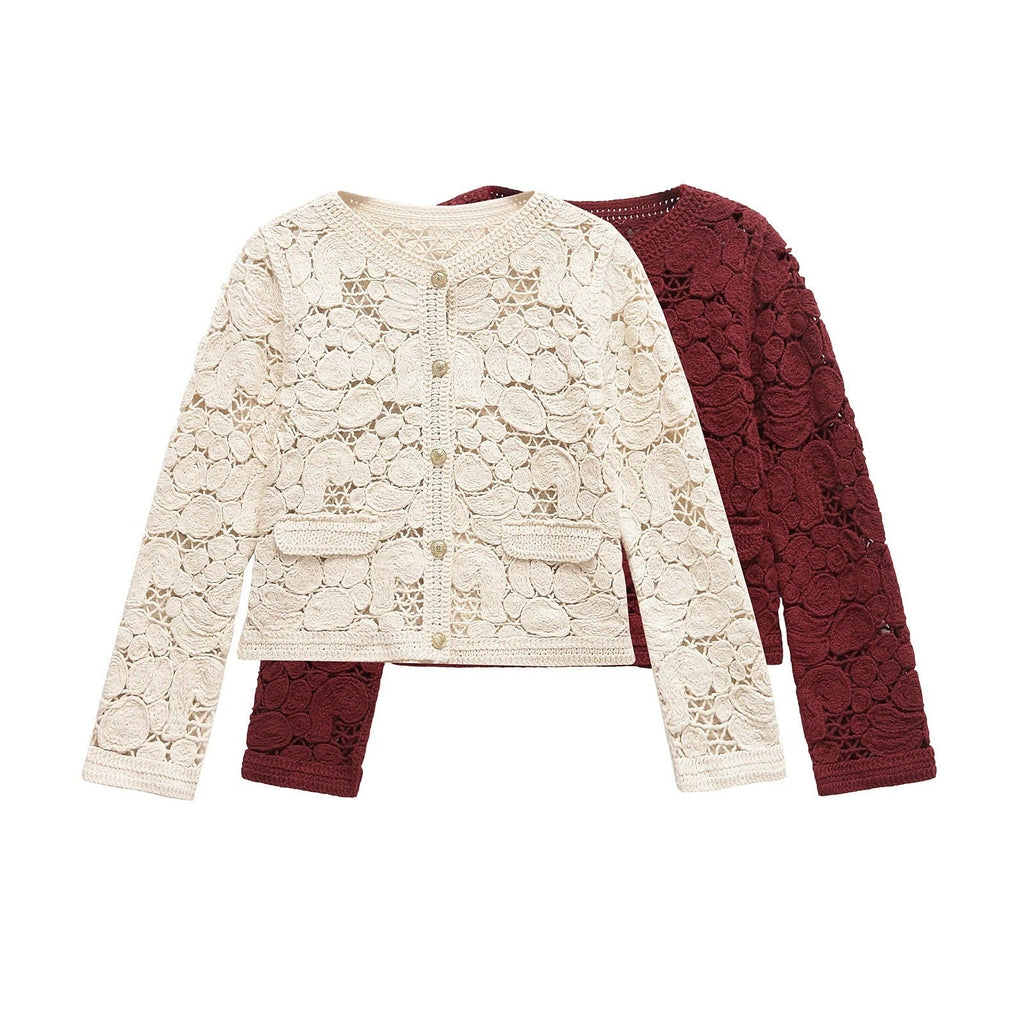 Women's cardigan made of fine lace with decorative button details and an elegant silhouette, size S