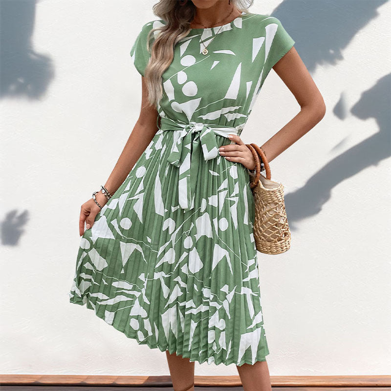 Women's midi dress with trendy geometric pattern mix and adjustable belt, size S