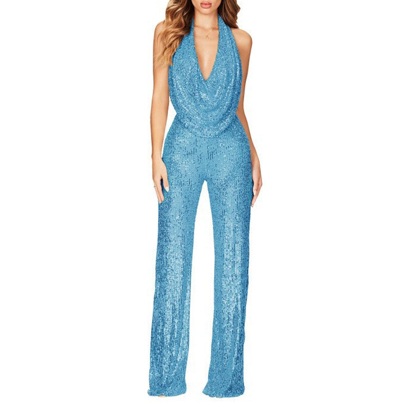 Women's glamorous jumpsuit with shimmering sequin trim and deep V-neck, size S