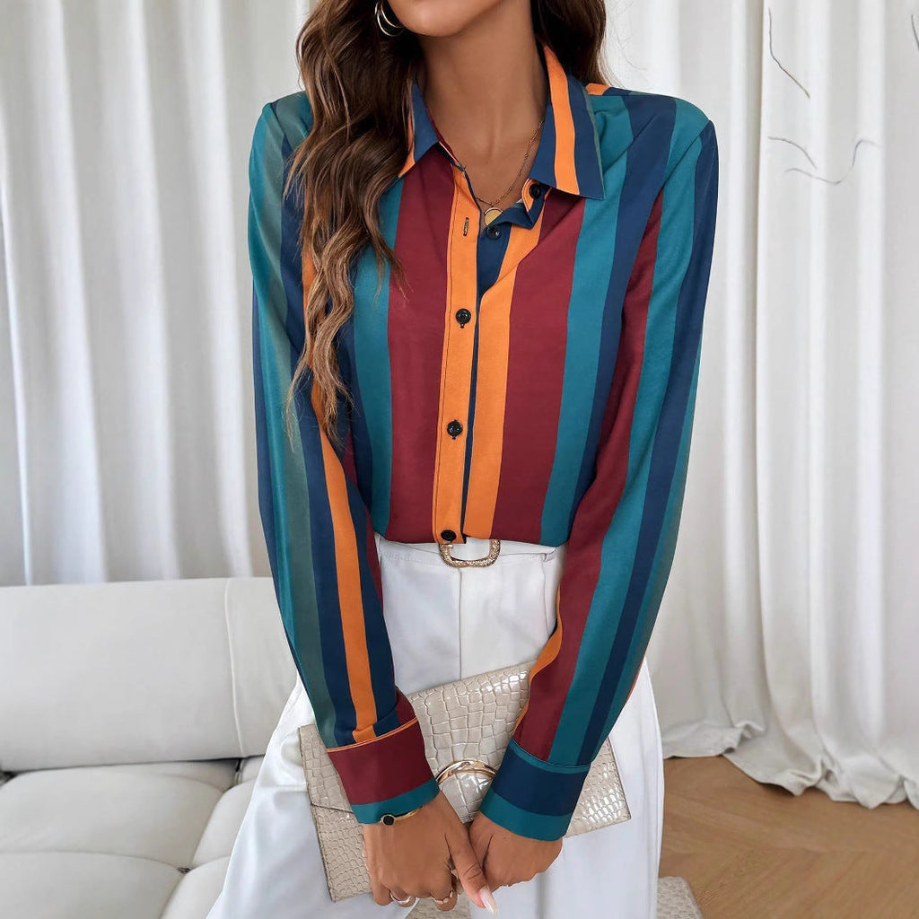 Damen Bluse mit farbenfrohem Streifenmuster und eleganter Knopfleiste GR