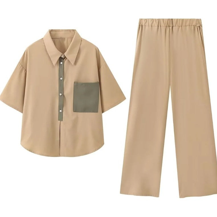 Women's casual two-piece suit with a chic shirt and wide-legged trousers, size [size missing]