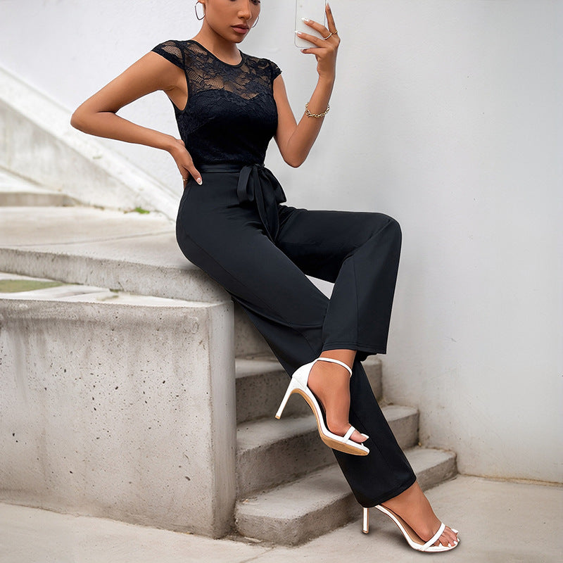 Women's jumpsuit with elegant lace top and adjustable belt, size S