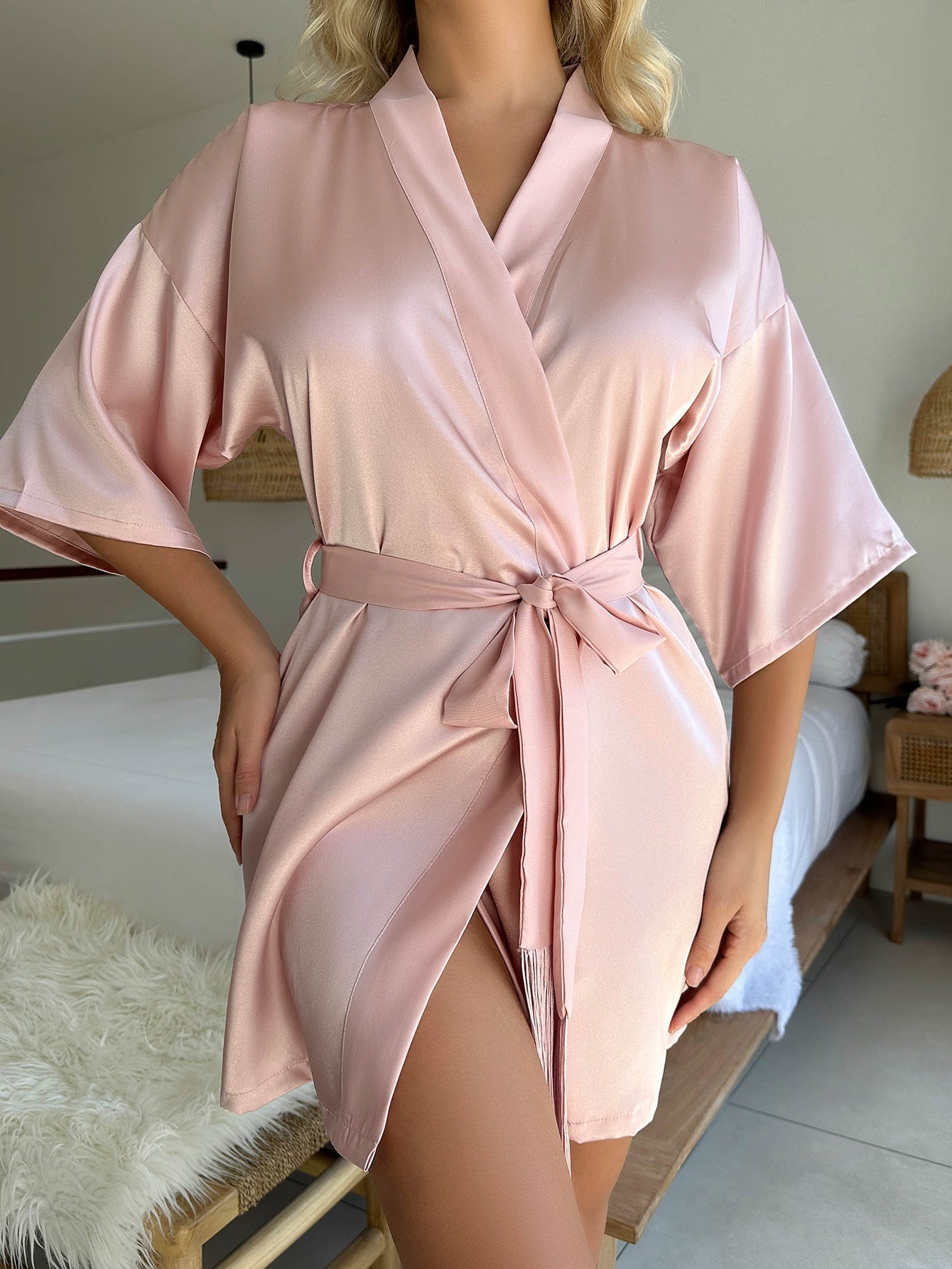 GR Kurzer Cardigan Krawatte Quaste Bademantel Sexy Pyjamas