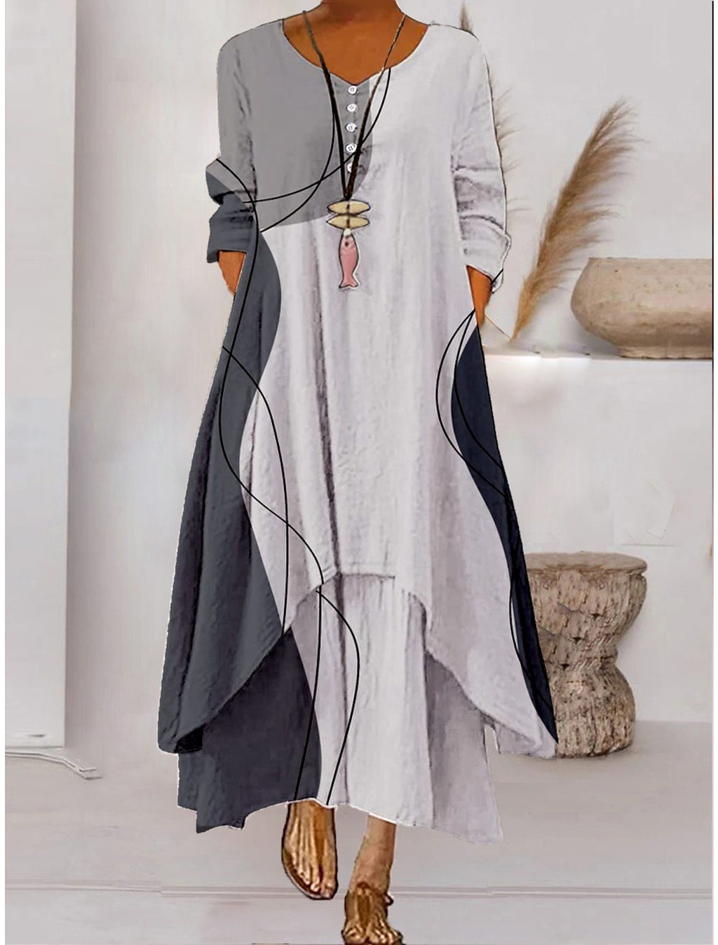 GR | Maxikleid mit Langen Ärmeln und Knopfverschluss