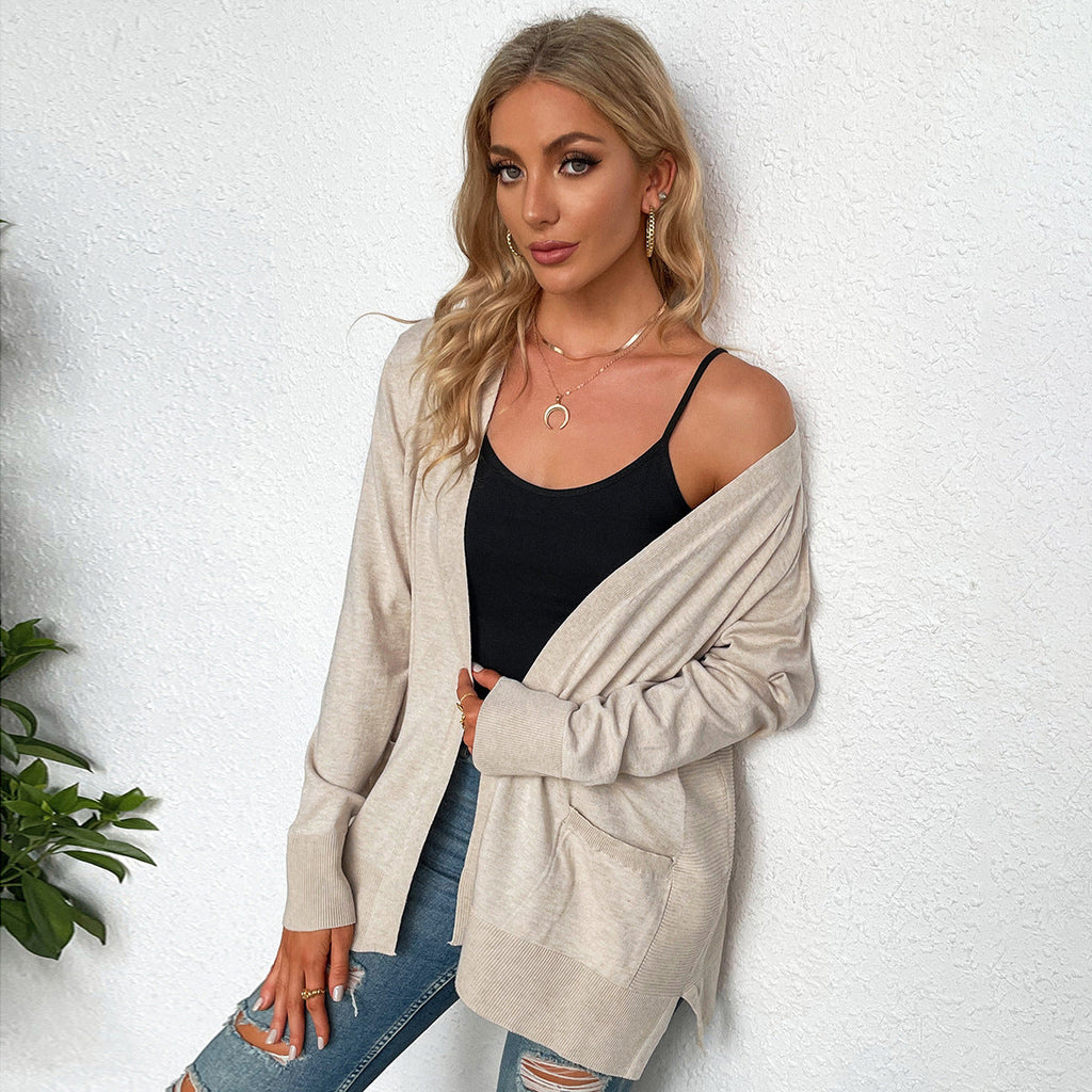 Damen lässiger Strickcardigan mit tiefem V-Ausschnitt und praktischen Taschen GR