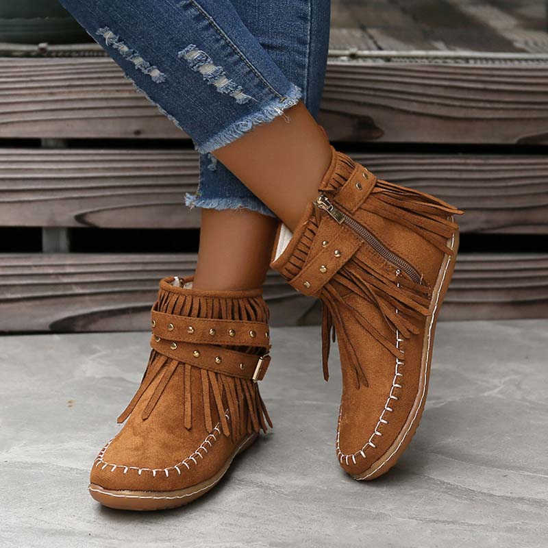 GR | Boho ankle boots with fringes and buckles for women