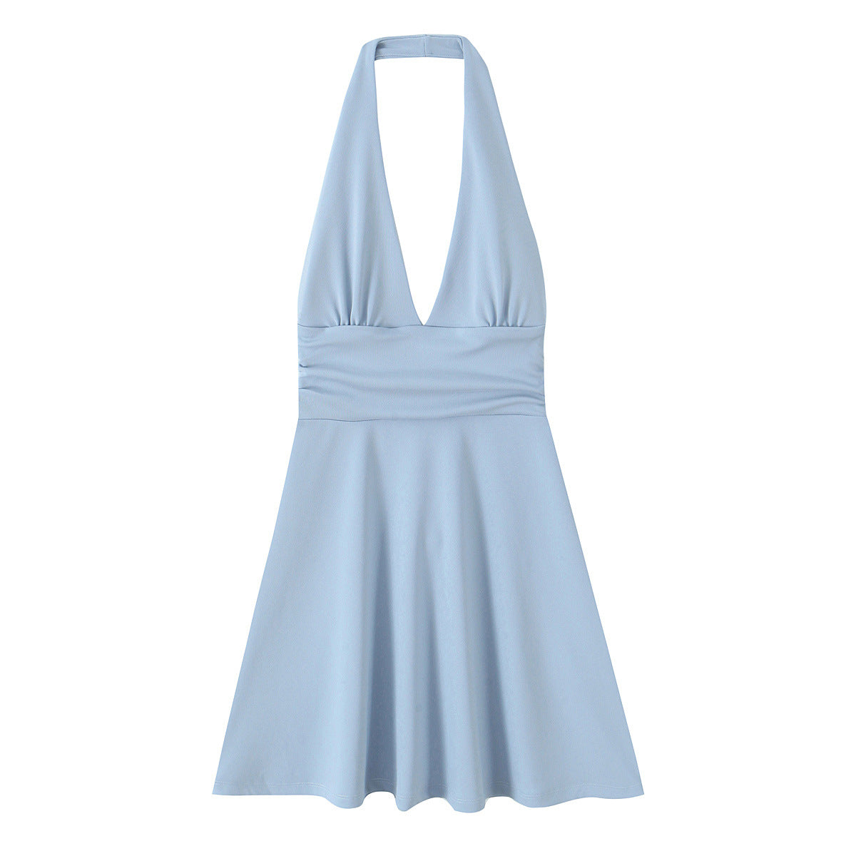 Women's halter dress with deep V-neck and flowing skirt, size