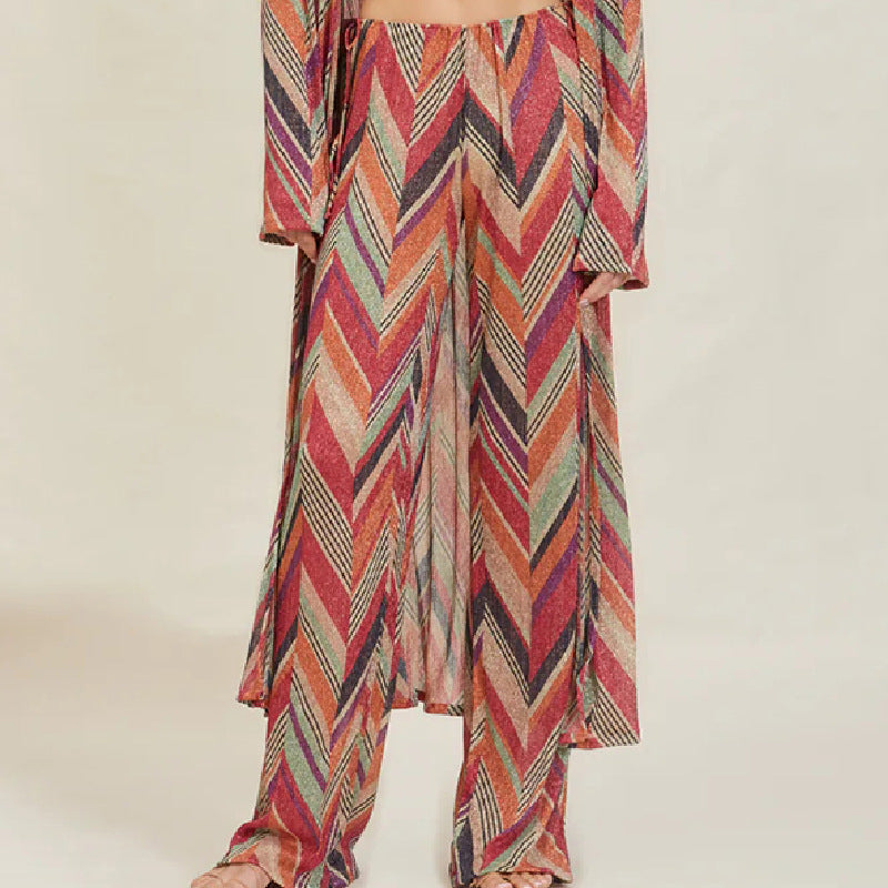 Women's casual beach suit with geometric pattern and loose fit, size