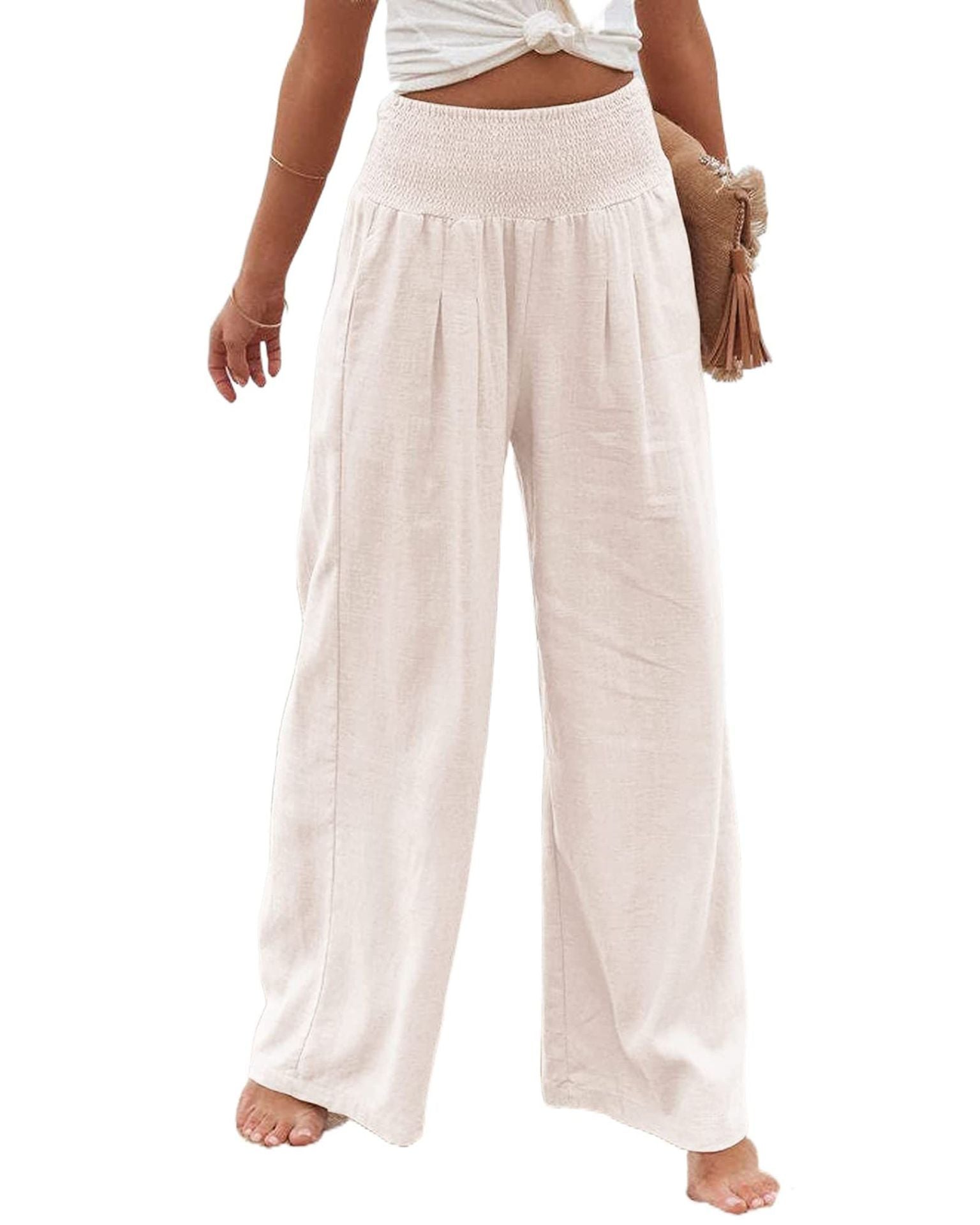 Damen Weite Leinenhose mit elastischem Bund und Falten GR