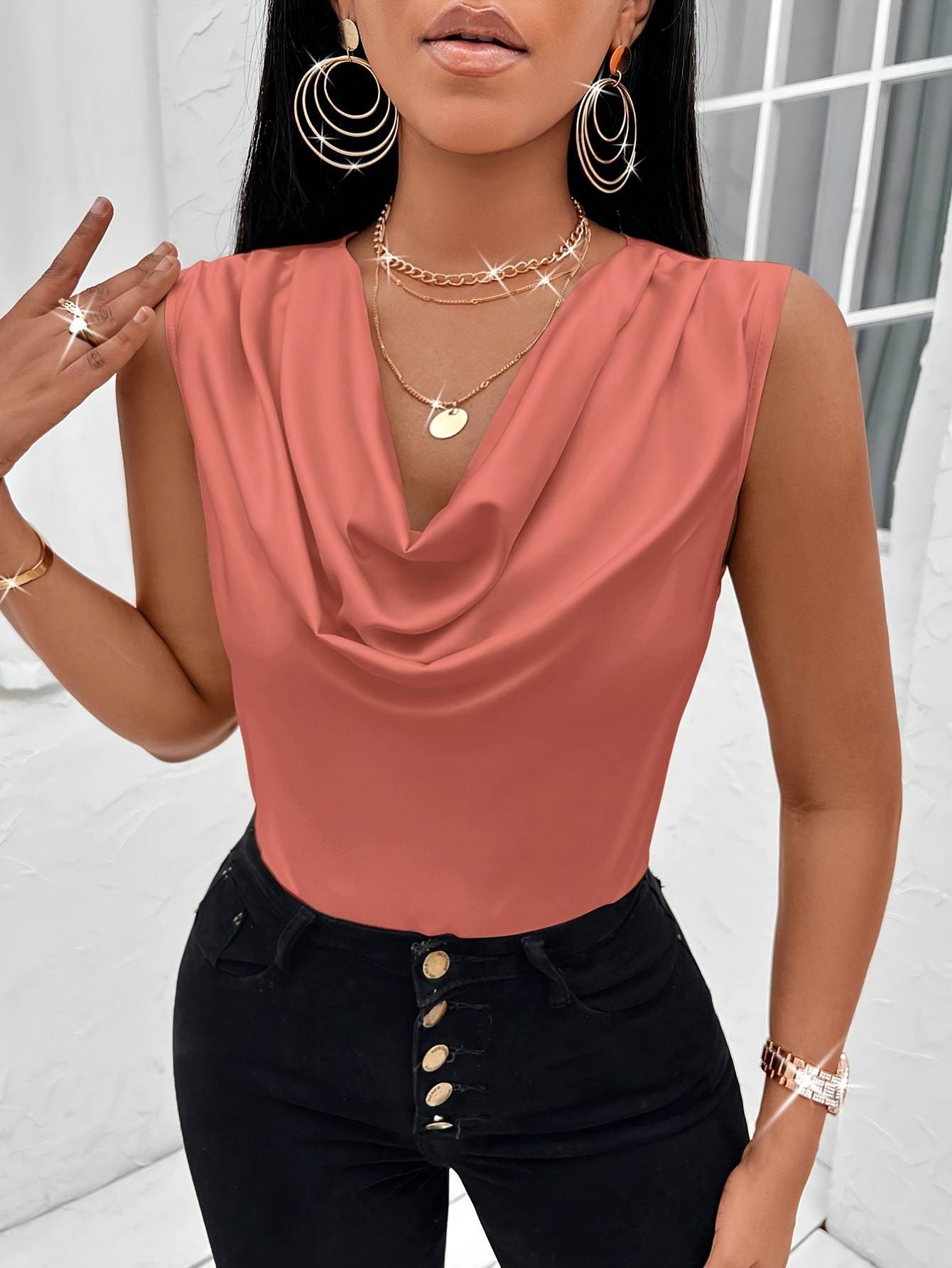Women's elegant top with flowing neckline, size