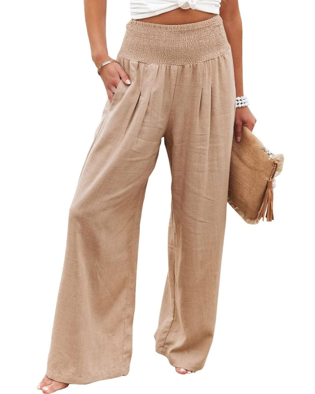 Damen Weite Leinenhose mit elastischem Bund und Falten GR