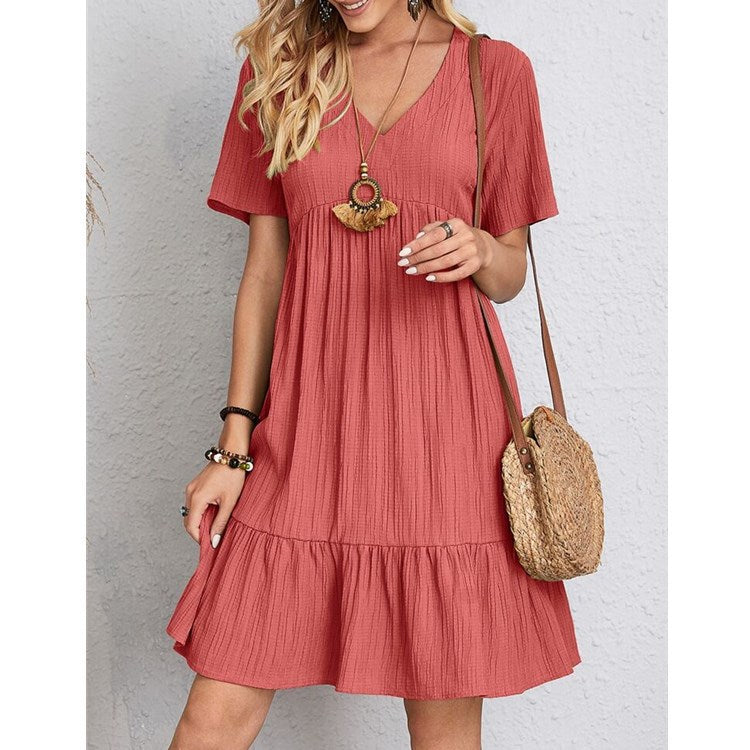 Women's casual dress with voluminous hem and V-neck, size