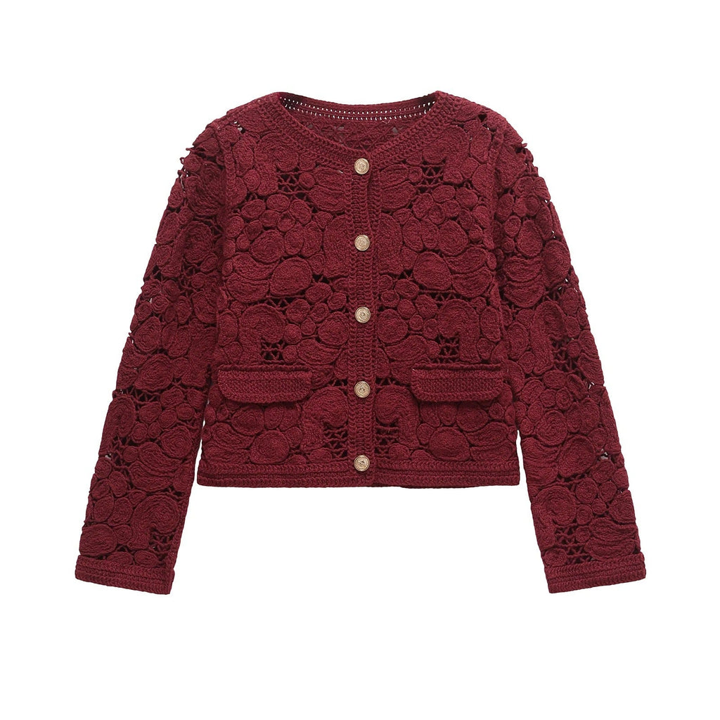 Women's cardigan made of fine lace with decorative button details and an elegant silhouette, size S