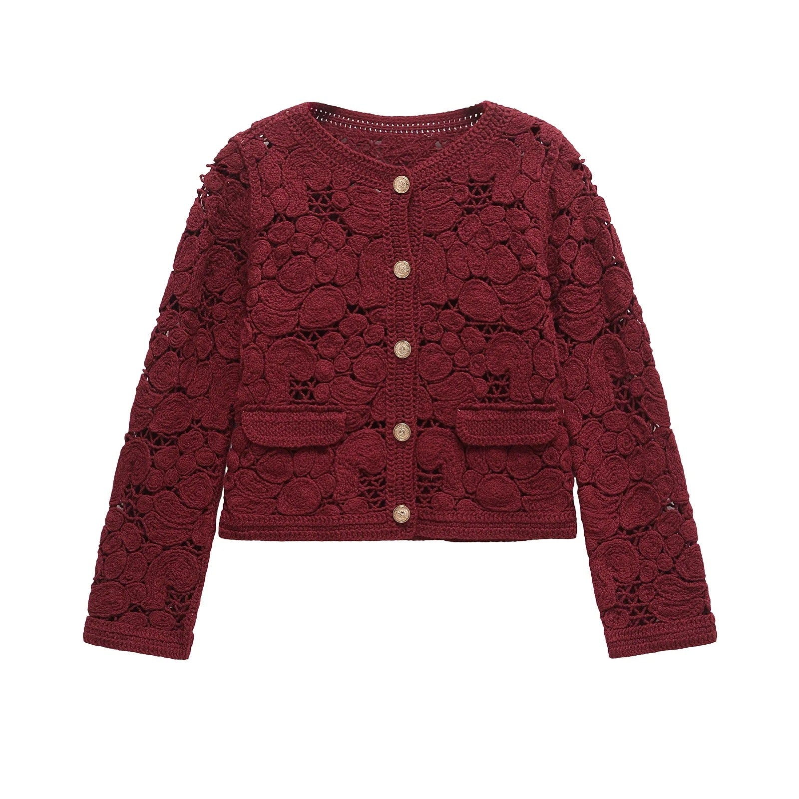 Women's cardigan made of fine lace with decorative button details and an elegant silhouette, size S