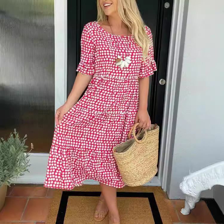 GR | Sommer Rundhals Bedrucktes Kurzarmkleid