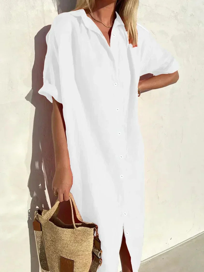 GR | Knopfkleid mit Weitem Ausschnitt und Schmalen Ärmeln, Elegant und Locker, für Frauen Baumwoll- und Leinenkleider