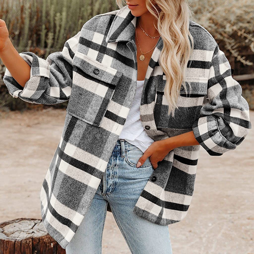 Women's checked flannel jacket with a relaxed fit and patch pockets, size S