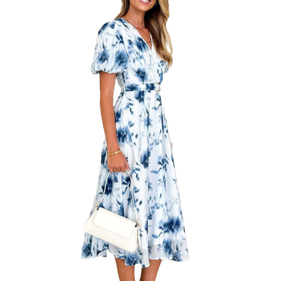Women's midi dress with a fitted cut, voluminous sleeves and an elegant wave pattern, size GR