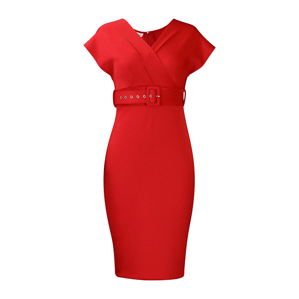 GR | Damen V-Ausschnitt Figurbetontes Midi Kleid mit Gürtel
