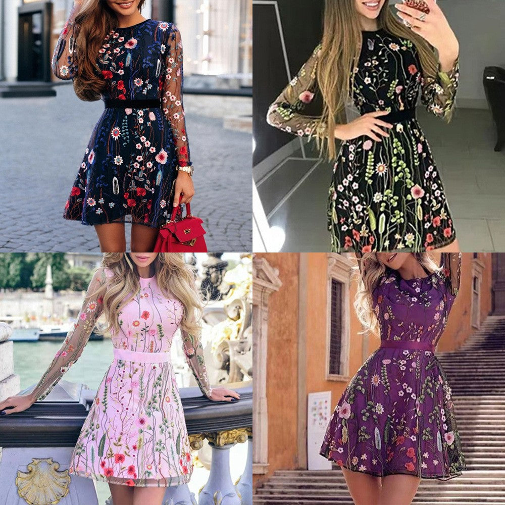 Women's elegant dress with floral embroidery and sheer sleeves, size [size missing]