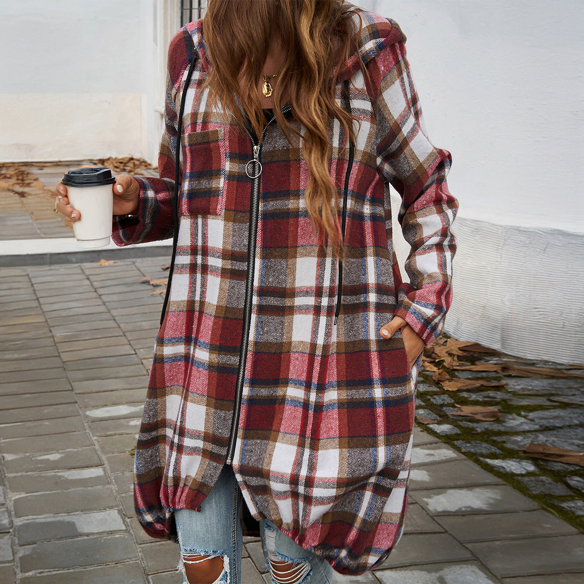 Women's Checked Long Jacket with Hood and Pockets, Size