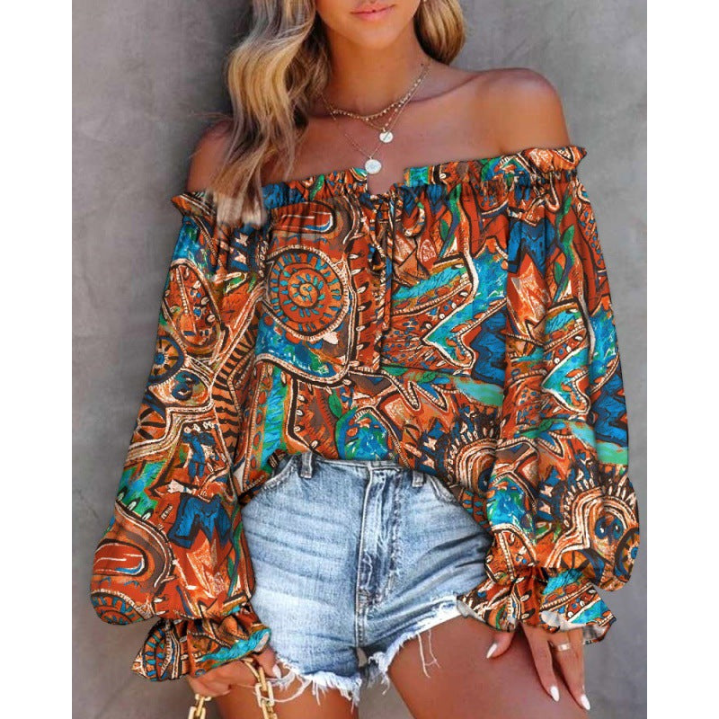 Damen Off-Shoulder Bluse mit buntem Muster und elastischem Saum GR