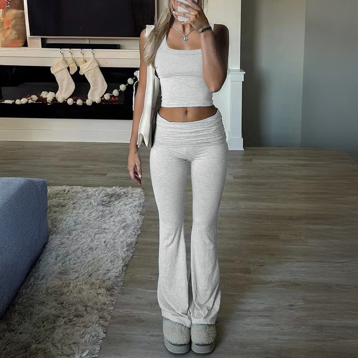 Women's Cropped Top and Flared Trousers Set, Size