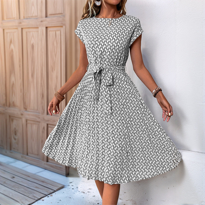 Women's midi dress with asymmetrical cut and fashionable tie belt, size