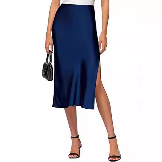 Women's satin midi skirt with high slit, size