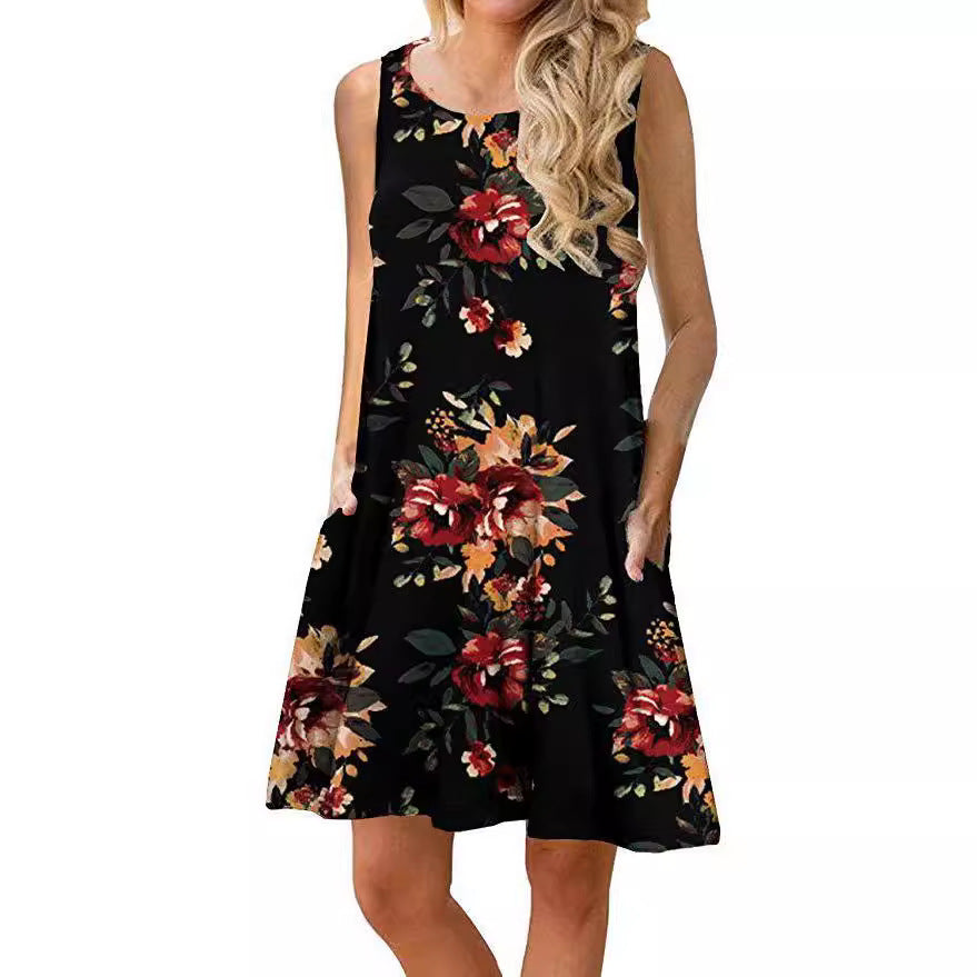 Women's sleeveless floral mini dress with practical side pockets, size