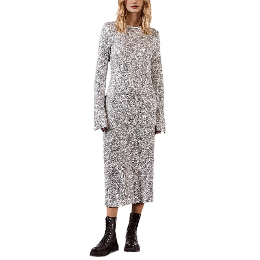 Damen Glitzerndes Midikleid mit elegantem Rundhalsausschnitt und figurschmeichelndem Schnitt GR