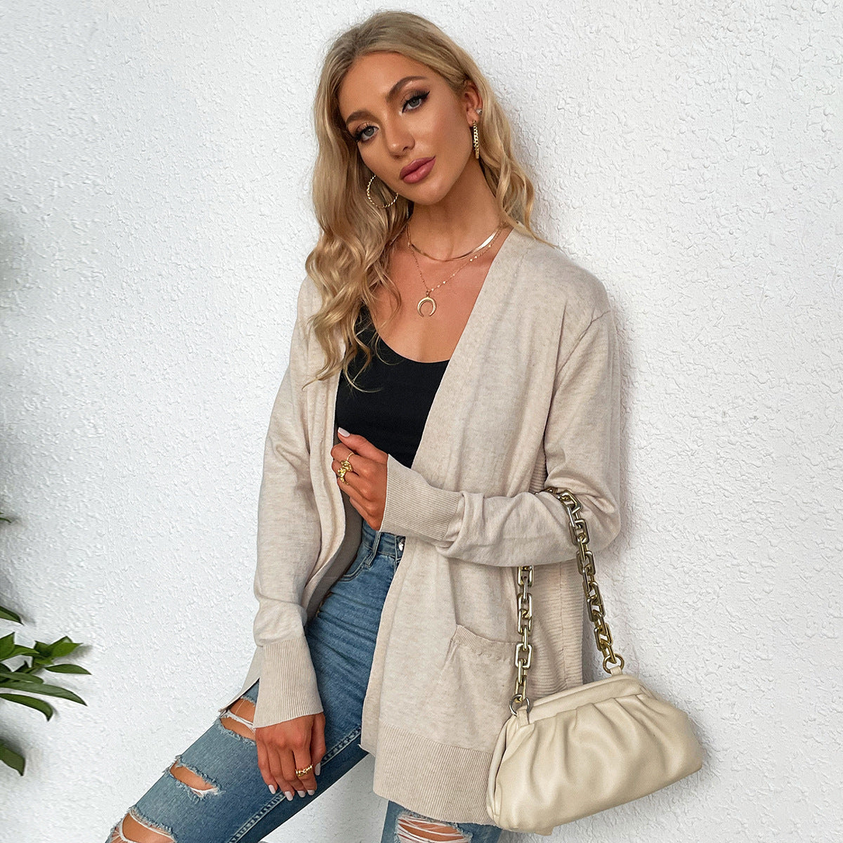 Damen lässiger Strickcardigan mit tiefem V-Ausschnitt und praktischen Taschen GR