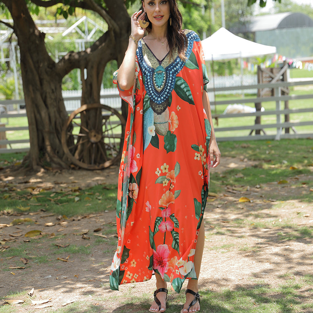 Women's beach kaftan with artistic floral pattern and decorative pearl embellishment, size GR