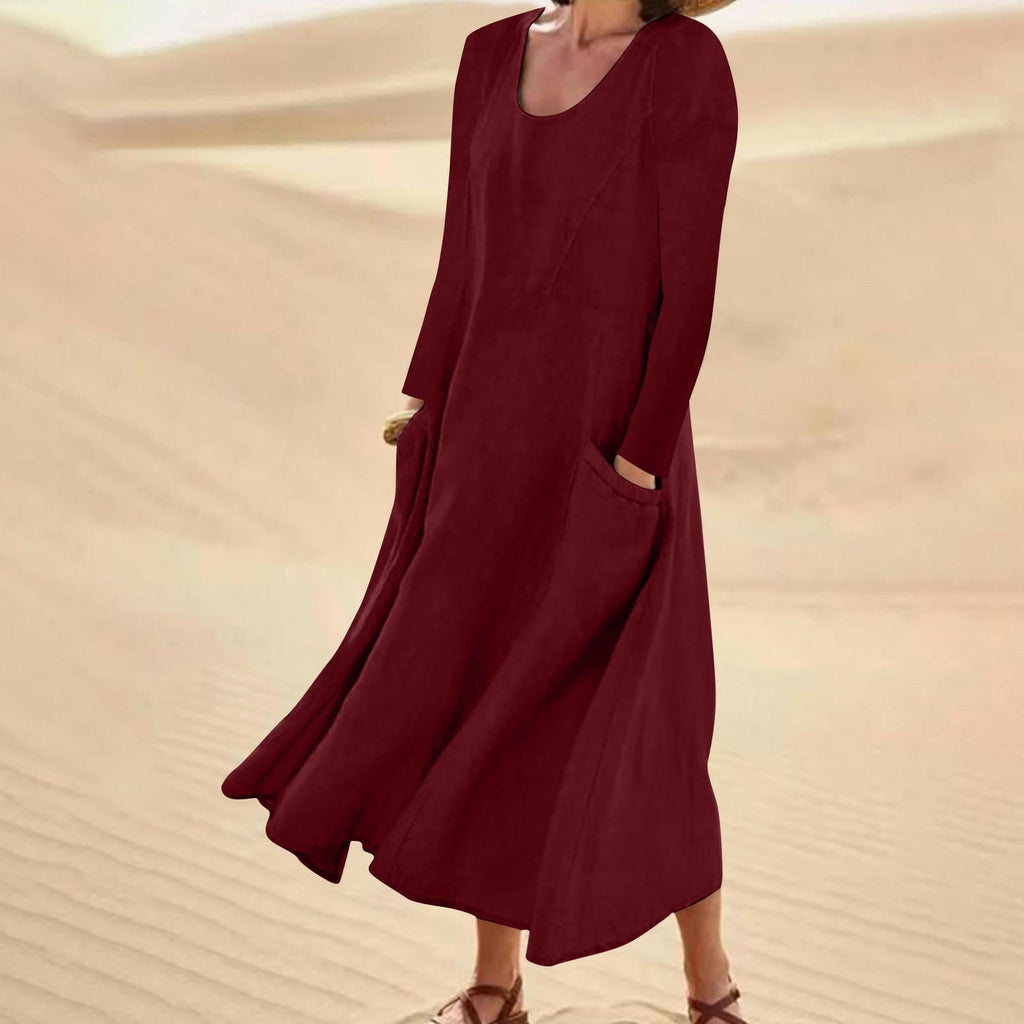 GR | Solid color dress with long sleeves and round neckline