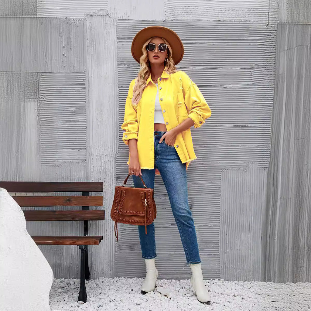 Women's denim shirt jacket in a casual oversized cut with fringed details, size GR