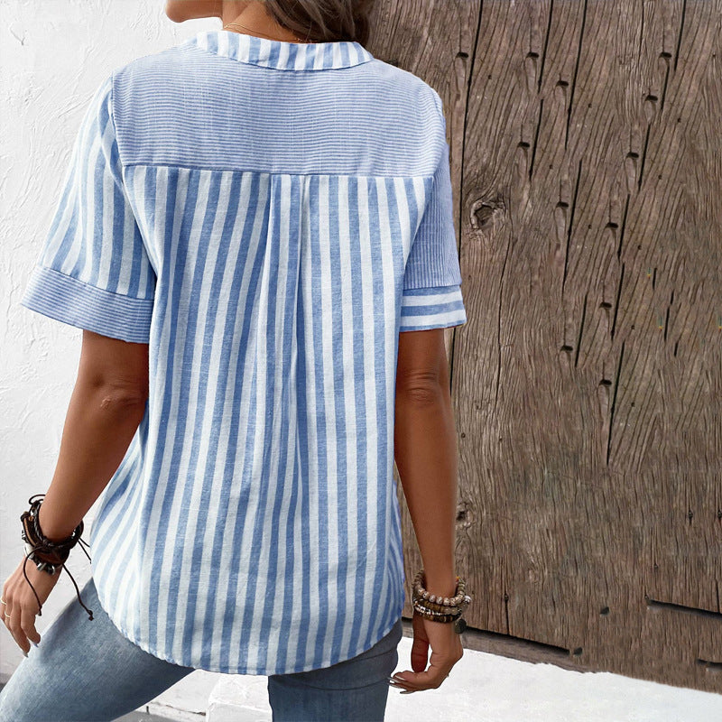 GR V-neck Asymmetrical Striped Patchwork Top