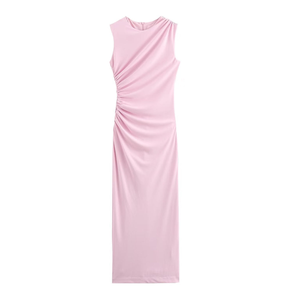 GRMODE | Solid Color Round Neck Sleeveless Pleated Slim Fit Dress
